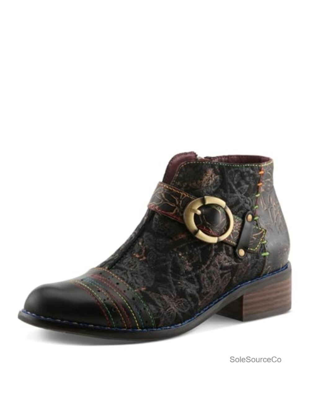 Hand-Painted Leather & Micro-Suede Ankle Booties with Rainbow Stitching, Zip
